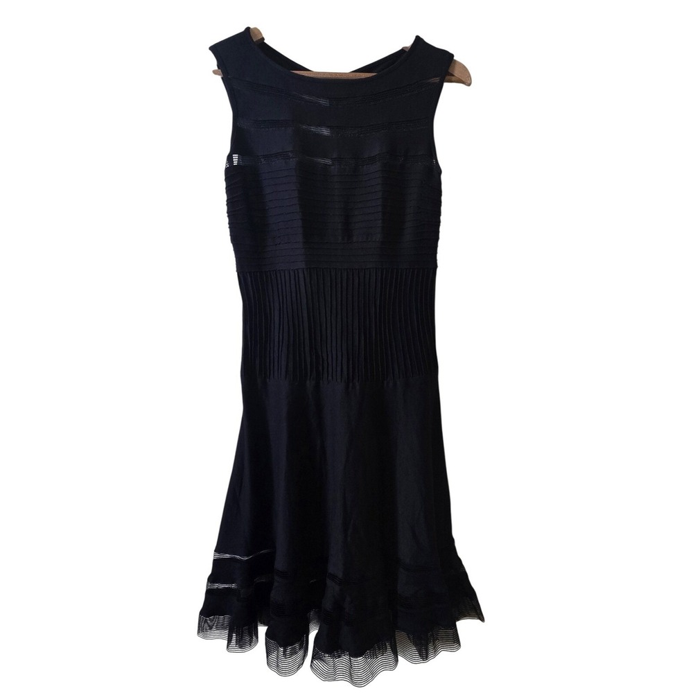 Tadashi Shoji Dress Womens XS Black Pintuck Mesh Illusion Fit & Flare Cocktail